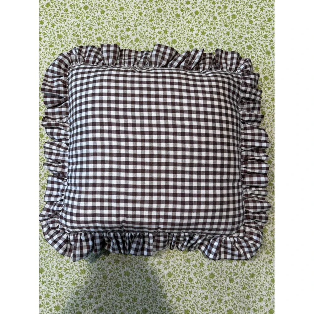 Brown Gingham Check Ruffled Throw Pillow Eyelet Lace Embroidered Star Farmhouse